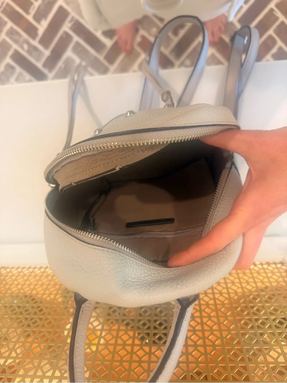 Rebecca Minkoff Pebbled light gray Mini Backpack Stud Accents Adjustable straps! - Picture 6 of 7